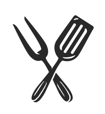 Mangal çatalıyla spatula karışımı bir şey. Barbekü veya ızgara aletleri simgesi. Restoranın amblemi ya da sembolü