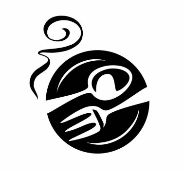 Yemek servisi simgesi. Çatal ve kaşık amblemi olan bir tabak. Restoran veya kafe menüsü için sembol