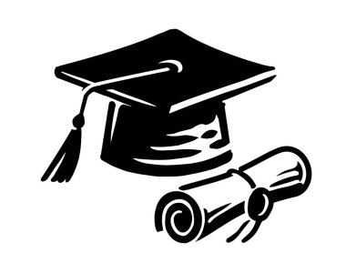 Eğitim, eğitim sembolü. Mezuniyet şapkası ve diploması. Okul, üniversite ikonu vektör illüstrasyonu