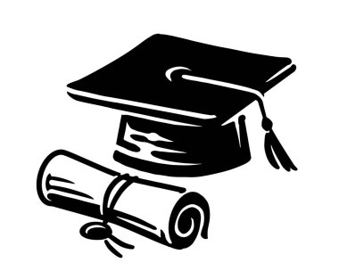 Lise sembolü. Mezuniyet şapkası ve diploma tomarı. Siyah ve beyaz basit çizim