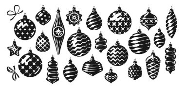 Yeni yıl tatili konsepti. Noel baloları ve dekorasyonları. Vektör illüstrasyonu beyaz arkaplanda izole edildi