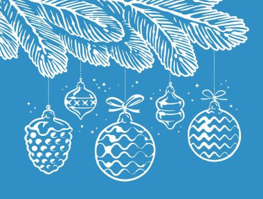 Yeni yıl vektör illüstrasyonu. Noel ağacının dalında asılı şenlikli süslemeler ve toplar