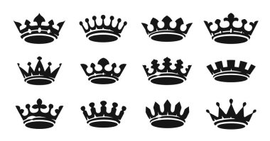 Bir dizi sembol kraliyet tacı. Kraliyet, kaliteli, VIP, seçkin, lüks tasarım unsuru. Vektör illüstrasyonu