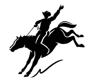 Atlı rodeo kovboyu, siluet. Rodeo yarışması, ekstrem spor amblemi, sembol ya da logo. Vektör illüstrasyonu