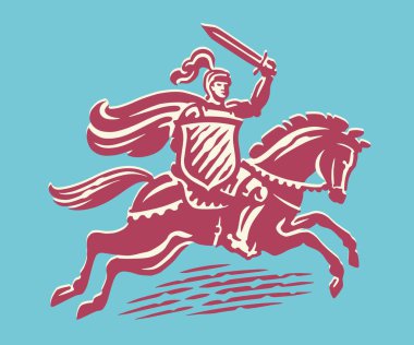 Knight in armor with shield and sword on horse. Royal warrior, defender logo emblem. Vector illustration clipart