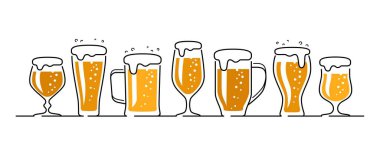 Alkolik içkiler hazır. Farklı şekillerde koyu ve hafif bira. Pub, bira fabrikası konsept vektör çizimi