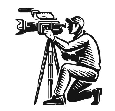 Video şovu, TV haberleri, röportaj. Profesyonel kamera ve mikrofon kullanan kameraman filmleri raporu