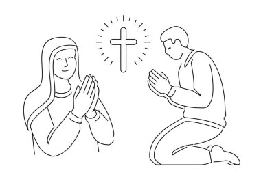 Dizlerinin üzerinde dua ediyordu. Elleri sıkıca bağlı dua ediyor. İncil, dua, kilise hizmet sembolü. Vektör illüstrasyonu