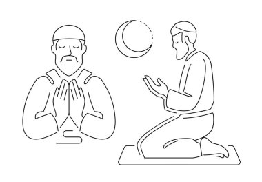 Müslüman bir adam namaz kılıyor. Doğrusal İslam sembolü. Vektör illüstrasyonu