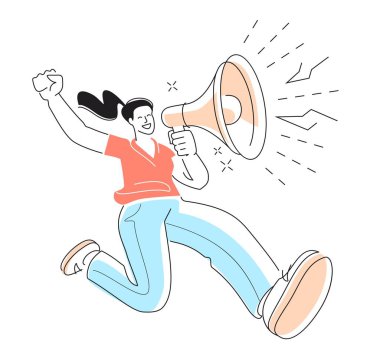 Coşkulu genç bir kadın koşuyor ve megafonla konuşuyor. Önemli bir olay ya da haber anonsu. Sosyal medya