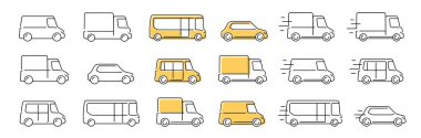 Kamyon, araba, otobüs sembolü. Doğrusal vektör simgelerinin nakil seti. Kargo teslimatı, taksi, yolcu taşıması.