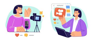Kadın, sosyal medyadan izleyicileri çekmek için çevrimiçi içerik yaratıp yayınlıyor. Günlük için video hazırlayan blogger