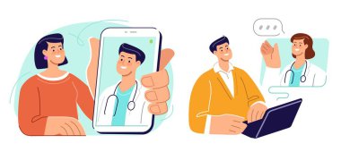 Sağlık sigortası, teletıp. Doktor hastaya görüntülü arama kullanarak danışmanlık yapıyor. Uzak tıbbi yardım için uygulama veya web servisi