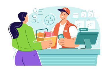Süpermarket sayaç servisi. Alışveriş sepeti olan bir müşteri perakende dükkanında kasiyer yardım ediyor.