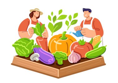 Çiftlik işçileri sebze yetiştirir. Bahçede çalışan çiftçiler. Taze, sağlıklı organik besinler yetiştiriyor. Düz tasarım çizgi film