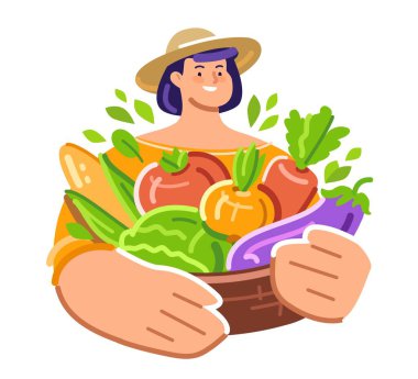 Bir sepet taze sebzeli kadın çiftçi. Organik tarım yiyeceği. Bahçecilik, sebze yetiştirme, tarım kavramı