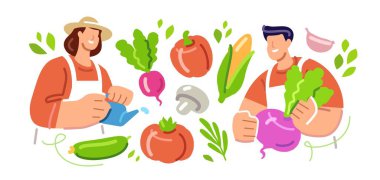 Çiftçilik, sebze yetiştirme, bahçecilik konsepti. Tarım işçileri tarım arazilerinde çalışıyor. Çiftçi sebze yetiştirir