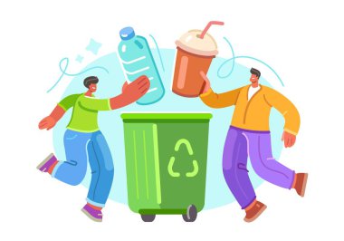 Çevresel koruma ve bakım. İnsanlar çöpleri, plastik atıkları çöp konteynerine atıyor. Geri dönüşüm kavramı