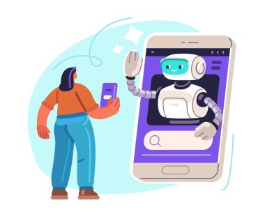 Arama çubuğu olan yapay zeka sohbet robotu. Çevrimiçi yardım veya destek. Dijital teknolojiler. Müşteri soruşturmaları ve yardımları