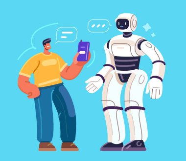 Yapay zekaya ve insana sahip robot asistanı. Robot teknolojileri, mühendislik teknolojileri. Vektör illüstrasyonu