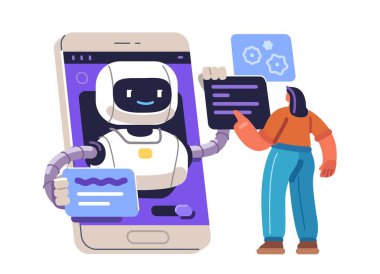 İnsan yapay zeka ile çalışır. Sanal robot asistanı çevrimiçi. Dijital teknolojiler. Vektör illüstrasyonu