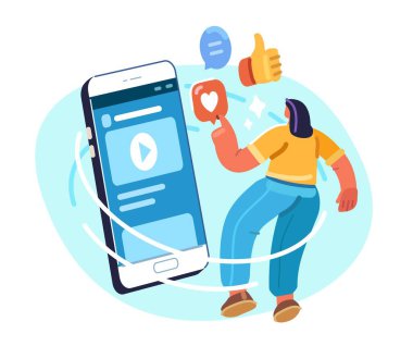 Kadın internet içeriğinde akıllı telefon kullanıyor. Kullanıcı mobil aygıt üzerinde sosyal medya içeriği ile etkileşim