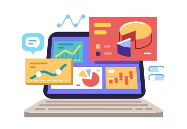 Çevrimiçi istatistik, finansal analiz, işletme yönetimi. Veri incelemesi için dizüstü bilgisayardaki çizelge ve grafikler analiz ediliyor