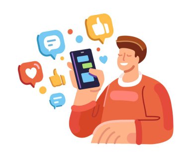 Kullanıcı çevrimiçi sohbet eder, olayları ve haberleri inceler. Adam sosyal medya ağları görüntüleyen akıllı telefonla etkileşime giriyor