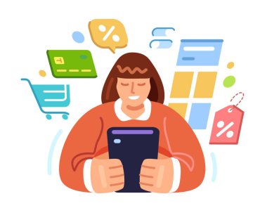 Kadın akıllı telefondan cep telefonu uygulaması kullanarak alışveriş yapıyor. İnternet perakende ve çevrimiçi ödemeler. Alışveriş.