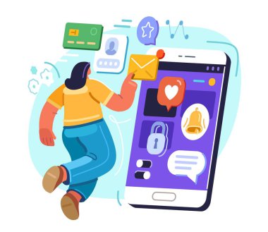 İnternet ağı bağlantısı, dijital pazarlama ve sosyal medya. Akıllı telefonda farklı cep telefonu uygulamaları kullanan bir kadın