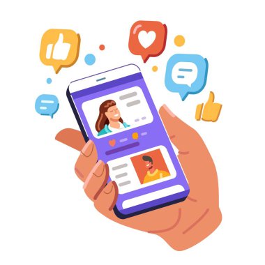 El ele tutuşmak, akıllı telefon, internet içeriğini taramak. Sosyal ağda kullanıcı paylaşımı ve yorum. Vektör illüstrasyonu