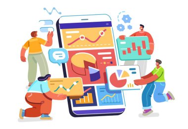 Finansal gelişim ve yönetim. Yatırım. Veriler analiz ediliyor. Akıllı telefon ekranının çevrimiçi analizi ve istatistikleri