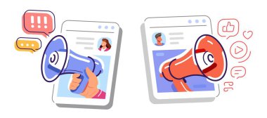 Megafon önemli bilgileri duyurur. Çevrimiçi tanıtım veya reklam, sosyal medya dijital pazarlama