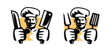 Şapka ve çatalla pişir, spatula. Et kesmek için bıçaklı bir şef. Izgara restoranı ya da barbekü menüsü amblemi