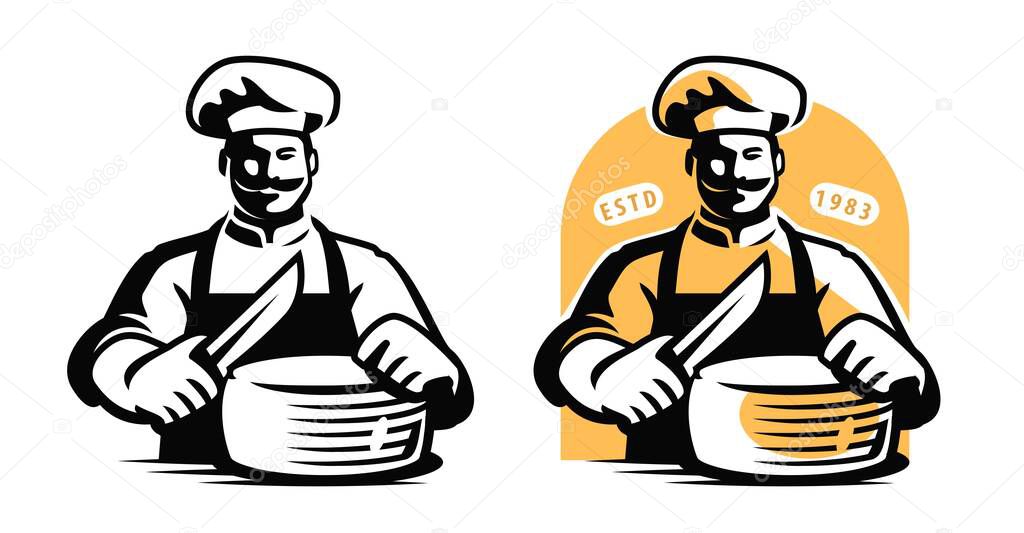 Emblem symbol for packaging or label of dairy product. Chef cook with knife and head of cheese. Vector illustration