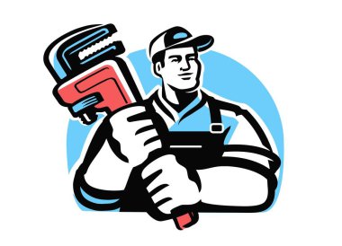 Çalışan alet amblemi olan profesyonel bir işçi. Ayarlanabilir anahtarı olan bir tesisatçı. Makine mühendisi, teknisyen.