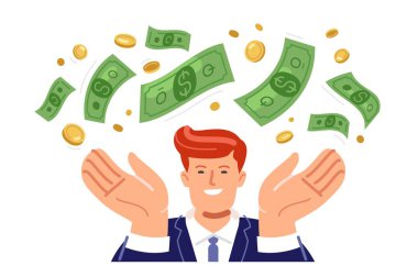 Başarılı bir iş, yatırım, para kazanmak. Mutlu iş adamı, düşen parayı elleriyle yakalar.