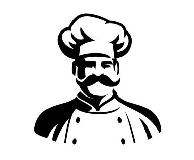 Amblemli profesyonel şef. Şapkalı erkek aşçının portresi. Restoran ya da kafe menüsünün sembolü. Aşçılık işareti.