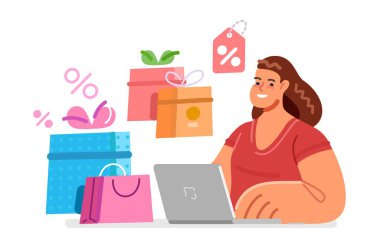 Alışveriş torbaları ve kutular. E-ticaret konsepti. İndirimli online alışveriş için dizüstü bilgisayar kullanan mutlu genç bir kadın.