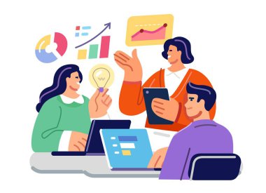 İş sunumu. Toplantıdaki insanlar fikirleri, takım çalışmasını tartışıyor. Beyin fırtınası oturumu ve işbirliği