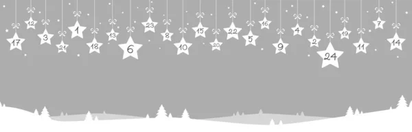 クリスマスと冬のコンセプトのためのアドベンチャーカレンダー モミの木と銀雪の風景と自然背景を示す数字1 24で白の色のクリスマス星をぶら下げ — ストックベクタ