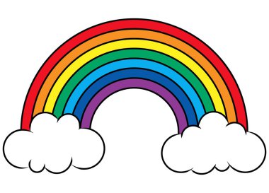 Sonunda beyaz bulutlar olan harika renkli gökkuşağını gösteren vektör illüstrasyonu