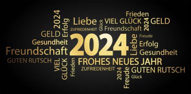 Yeni yıl için altın kelime bulutlu vektör dosyası 2024 selamlama ve siyah arkaplan