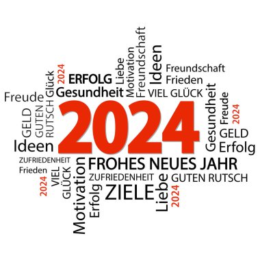 Yeni yıla ait kelime bulutu içeren vektör dosyası 2024 selamlama ve beyaz arkaplan