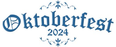 Süslü mavi ve beyaz harfli EPS 10 vektör dosyası ve Oktoberfest 2024 metni