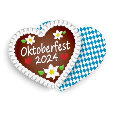 Oktoberfest 2024 ve kırmızı kalpler ve Alman Edelweiss çiçekleri ile betimlenmiş zencefilli bir kalp.