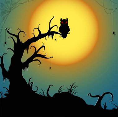 eps vector file, spooky dark owl sitting on a dead tree in front of a full moon with other scary illustrated elements for Halloween party background layouts clipart