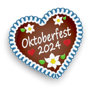 Oktoberfest 2024 ve kırmızı kalpler ve Alman Edelweiss çiçekleri ile betimlenmiş zencefilli bir kalp.