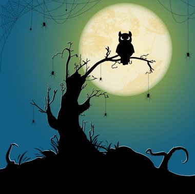 Dolunayın önünde ölü bir ağacın üzerinde oturan ürkütücü siyah baykuş. Cadılar Bayramı partisinin arka planında yer alan diğer korkunç resimli unsurlarla birlikte.
