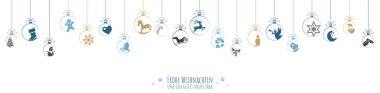 hanging baubles colored blue with different abstract icons for christmas and winter time concepts and greetings for christmas and New Year clipart